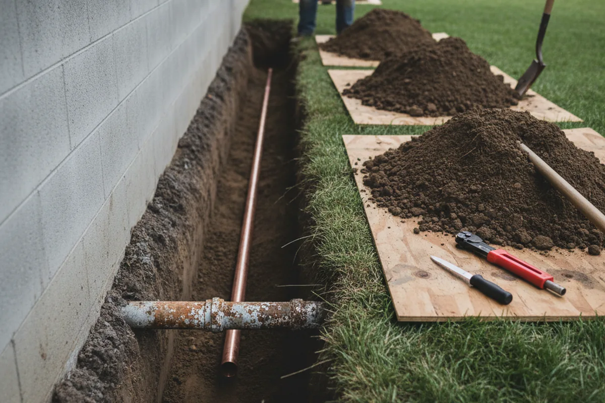 Excavated water line trench during Sewer Line Repair in Denver